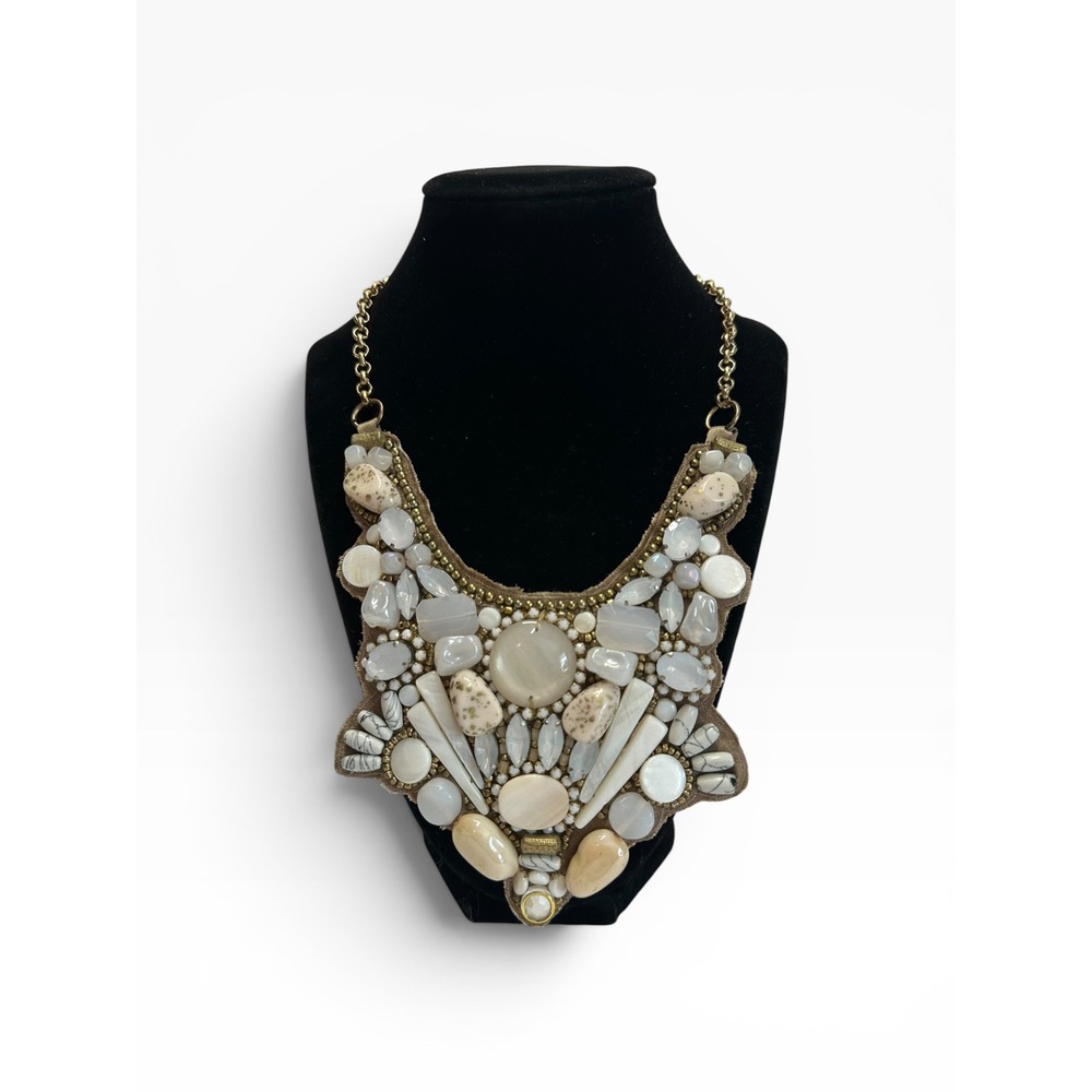 Chico's Aisha Bib Necklace Women Cream White New Statement Beaded Mixed Media